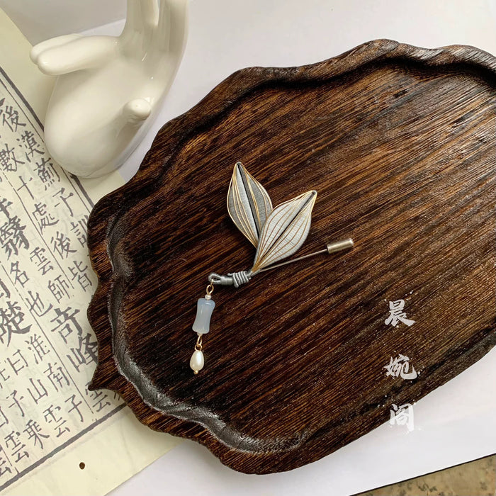 Handmade Chanhua Leaf Brooch - Thread Leaf Pin with Pearl Drop Accent