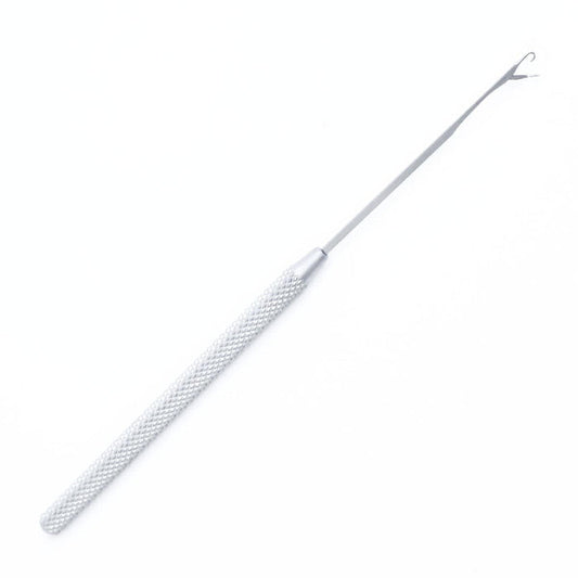 A metal tool with a textured grip handle and a long, thin shaft ending in a small, hooked tip, designed for precision tasks.