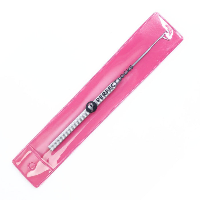 A metal hair extension tool with a textured handle and hook tip, labeled PERFECT LOCKS, in a pink sleeve for precise application.