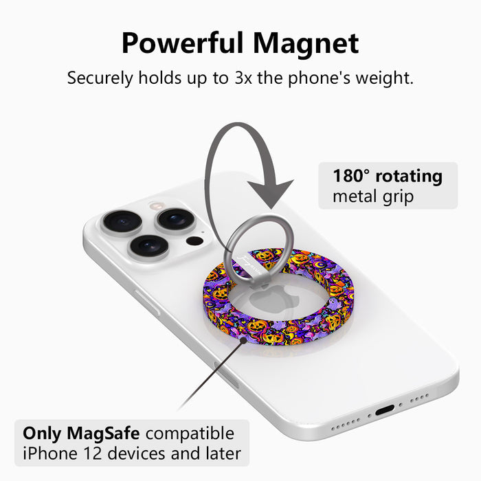 Powerful magnet diagram for the Jack-O-Lantern Jive MagSafe grip ring, showing the 180 degree rotating metal grip that holds up to three times the phone's weight.