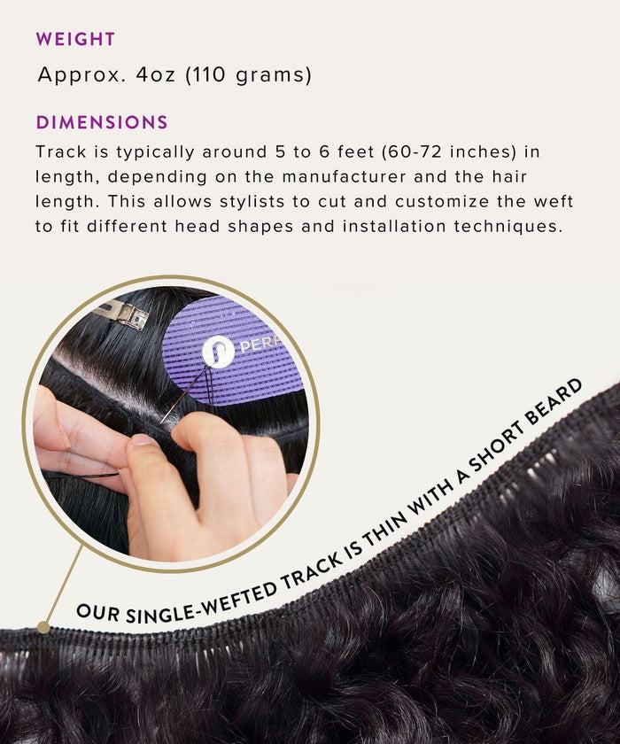 Close-up of hands installing Perfect Locks’ Kinky Curly Steam Permed Machine Weft extensions using a purple comb.