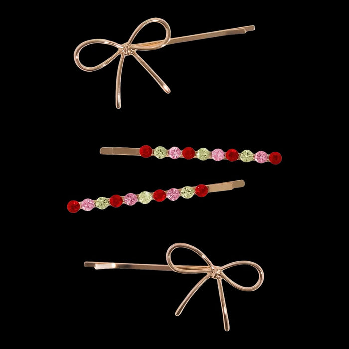 Kitsch Red, Pink, & Green Gemstone and Bow Bobby Pins