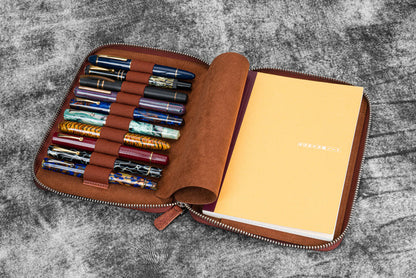 Leather Zippered 10 Slots Pen Case with A5 Notebook Holder - Pueblo Cognac