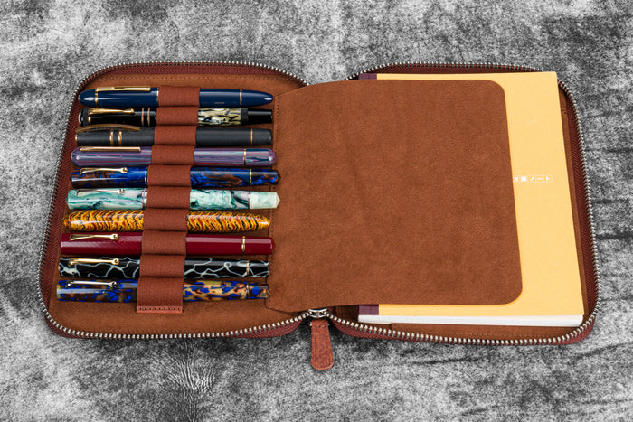 Leather Zippered 10 Slots Pen Case with A5 Notebook Holder - Pueblo Cognac