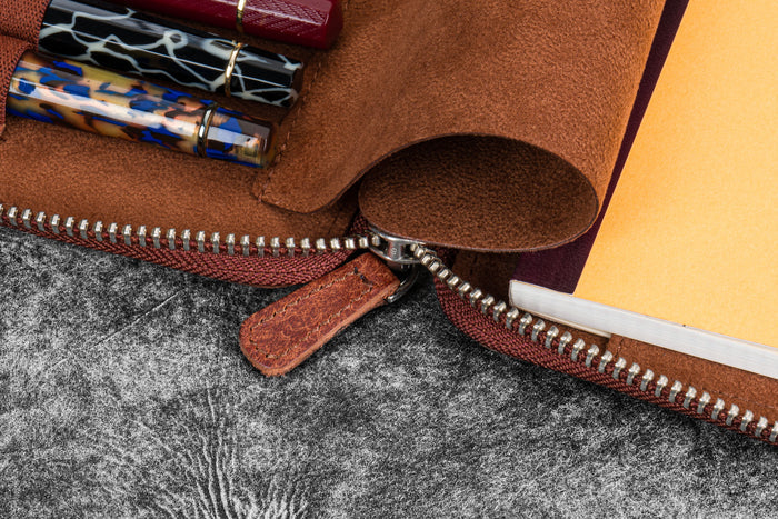 Leather Zippered 10 Slots Pen Case with A5 Notebook Holder - Pueblo Cognac