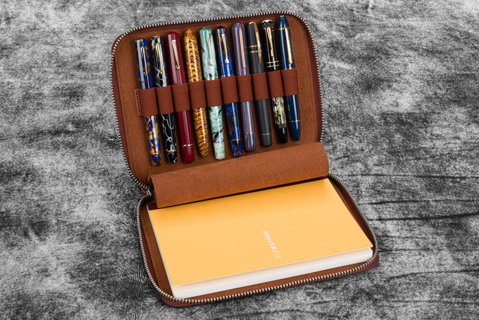 Leather Zippered 10 Slots Pen Case with A5 Notebook Holder - Pueblo Cognac