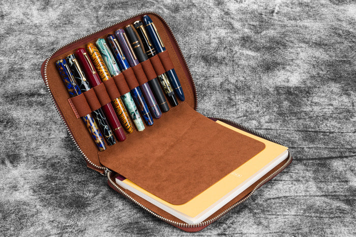 Leather Zippered 10 Slots Pen Case with A5 Notebook Holder - Pueblo Cognac