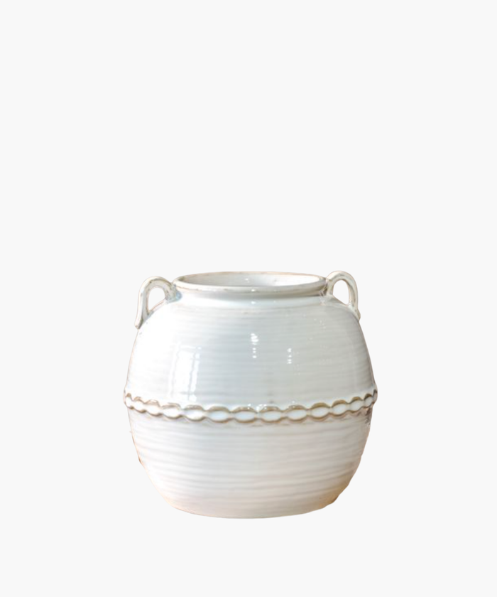 A white ceramic Leena Vessel with dainty handles and a decorative belly band detail. | Wildwood Home Co.