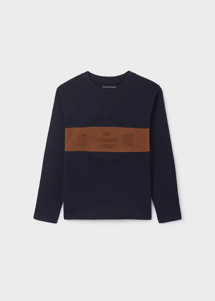 Mayoral boys Navy embossed graphic long sleeve T-shirt with contrast front panel.