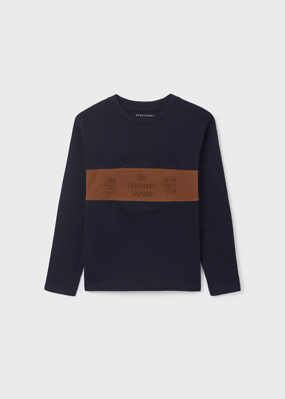 Mayoral boys Navy embossed graphic long sleeve T-shirt with contrast front panel.