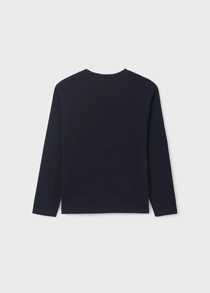 Back view of Mayoral boys Navy long sleeve T-shirt with simple everyday fit.