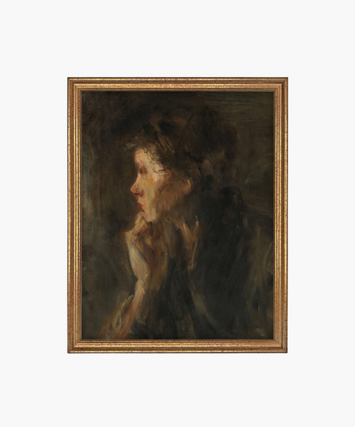 A moody oil painting of a woman's side profile in dark tones. Her thoughtful expression is emphasized by soft brushstrokes, set in a golden frame. | SW Home