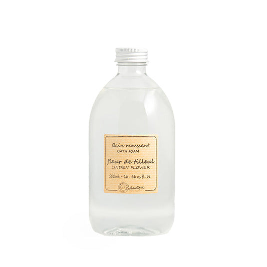 A clear plastic bottle with a white pump, labeled with 'Authentique Linden Flower' and the indication that it is a foam bath product.