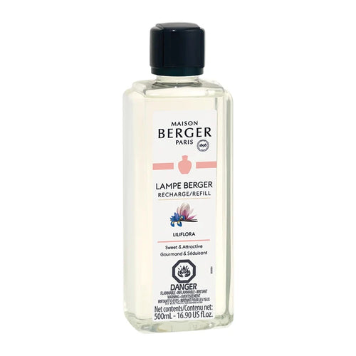 A 500ml Maison Berger fragrance diffuser refill bottle with floral design and black cap.