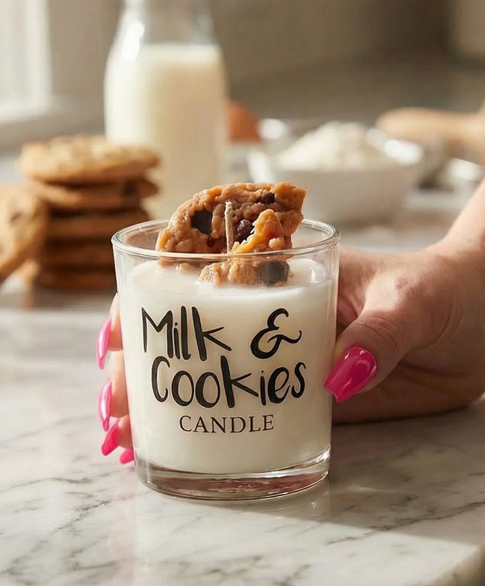 Hand with hot pink nails holding Milk & Cookies candle with cookie design on marble counter