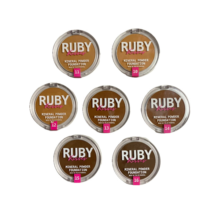 IVY BEAUTY by KISS Ruby seven shade mineral powder foundation compact jars arranged on white background