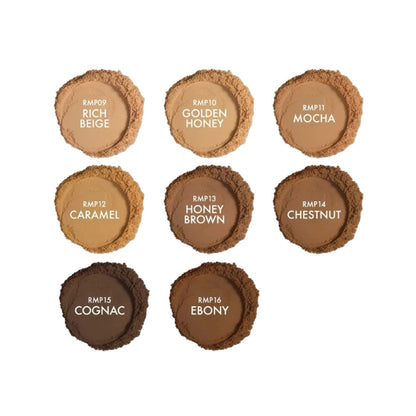 IVY BEAUTY by KISS mineral powder foundation shade range nine crushed powder swatches from Rich Beige to Ebony
