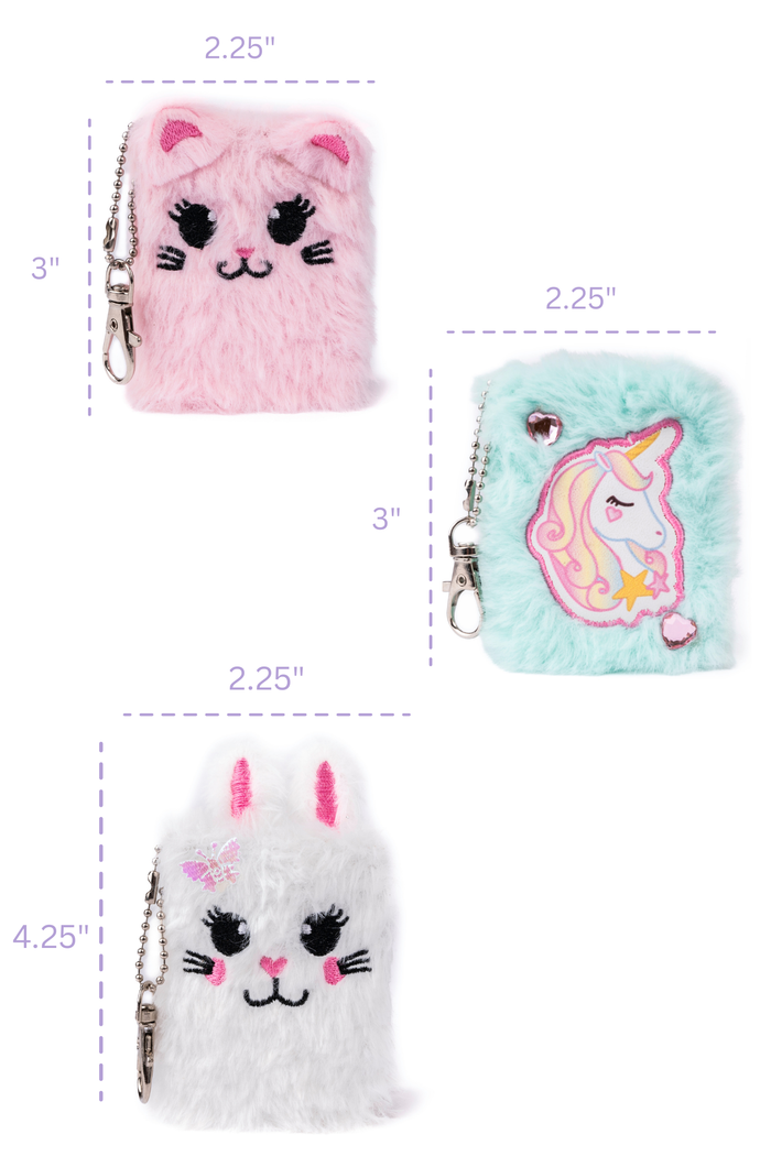 Mini Furry Friends Keychain Journals, 3pcs Assorted