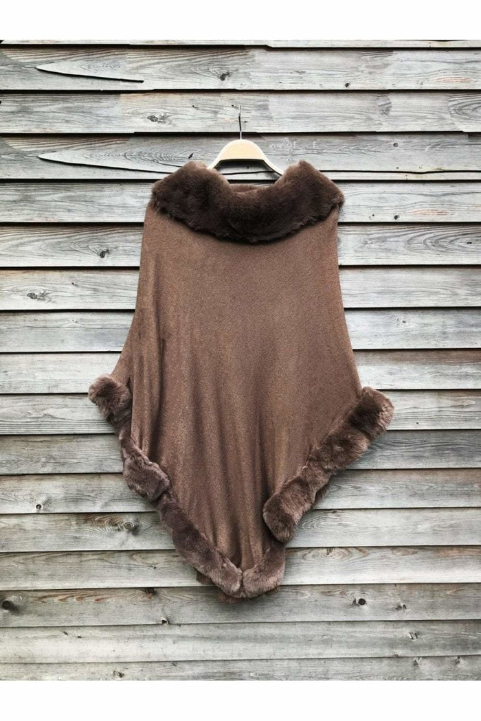 Mocha Faux Fur Trim Poncho - Franklins