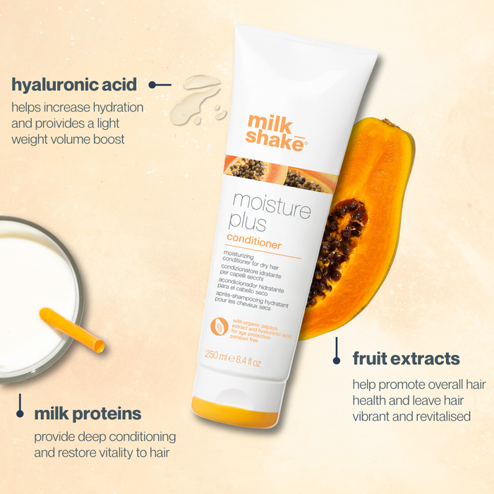 milk_shake  Moisture Plus conditioner bottle with a papaya half and text about ingredients on a beige background