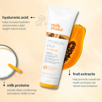 milk_shake  Moisture Plus conditioner bottle with a papaya half and text about ingredients on a beige background