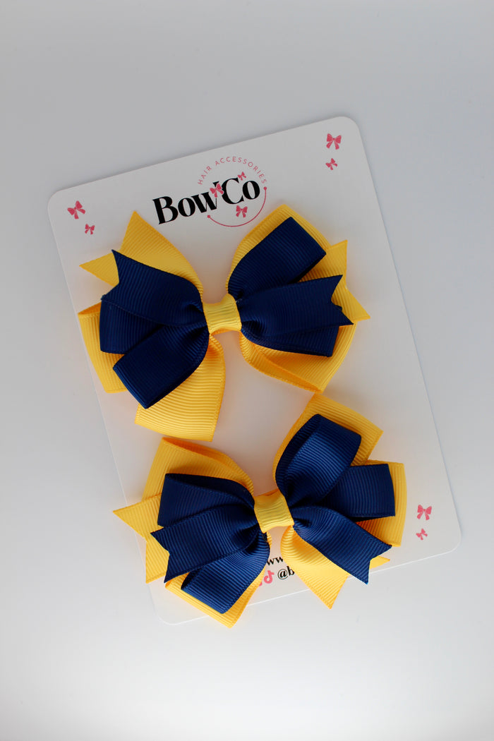 Navy Blue and Yellow Gold - Double Tail Bow Set - Clip