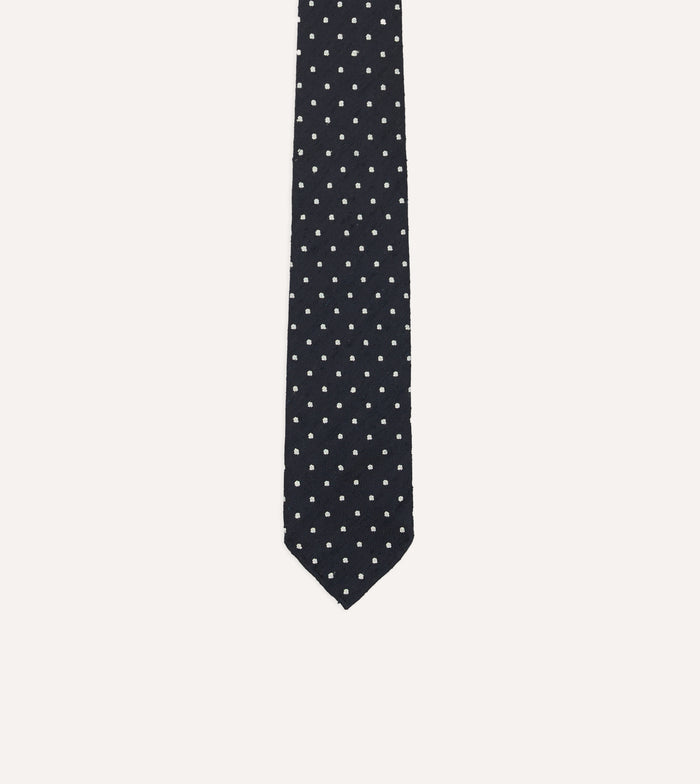 Navy Spots Shantung Silk Hand-Rolled Tie