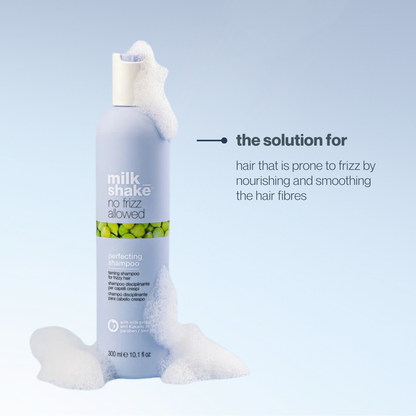 milk_shake no frizz allowed shampoo with text on a light blue background