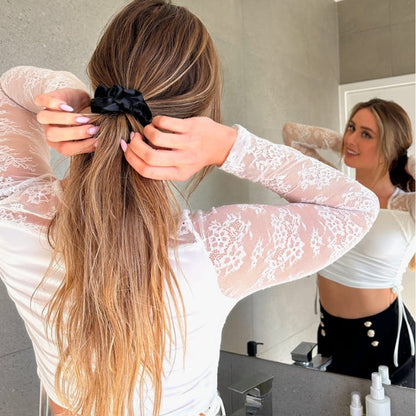 Noir: Pure Mulberry Silk Scrunchie, gentle hair tie that holds curls without denting
