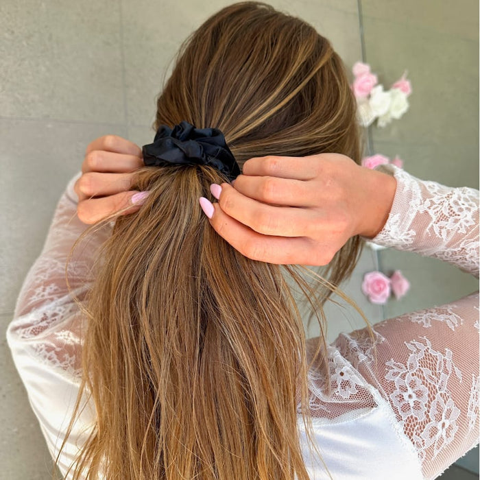 Noir: Pure Mulberry Silk Scrunchie, curl friendly scrunchie for buns and ponytails