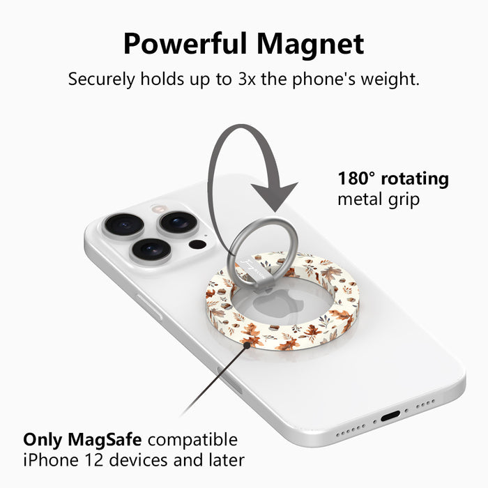 Powerful magnet diagram for the Nutty For Fall MagSafe grip ring, showing the 180 degree rotating metal grip that holds up to three times the phone's weight on MagSafe iPhone 12 and later.