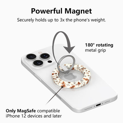 Powerful magnet diagram for the Nutty For Fall MagSafe grip ring, showing the 180 degree rotating metal grip that holds up to three times the phone's weight on MagSafe iPhone 12 and later.