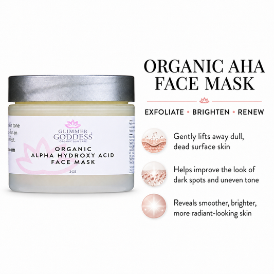 Glimmer Goddess Organic Alpha Hydroxy Acid Face Mask jar shown next to product benefits text on a white background.