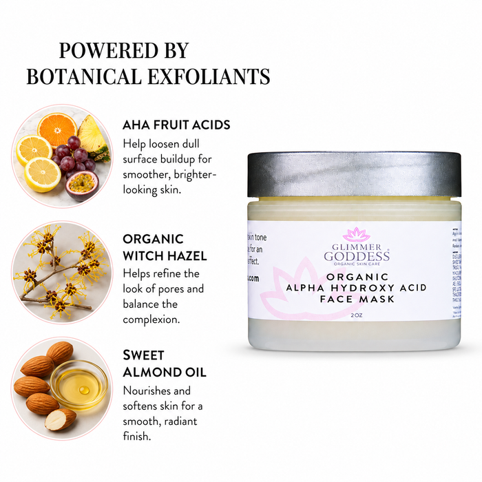 Glimmer Goddess Organic Alpha Hydroxy Acid Face Mask jar shown on a white background with marketing text and ingredient callouts for aha fruit acids, organic witch hazel, and sweet almond oil.