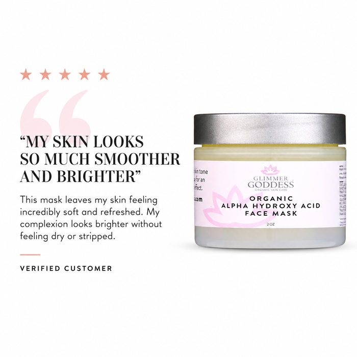 A jar of Glimmer Goddess Organic Alpha Hydroxy Acid Face Mask on a white background, next to a customer testimonial quote with stars and text.