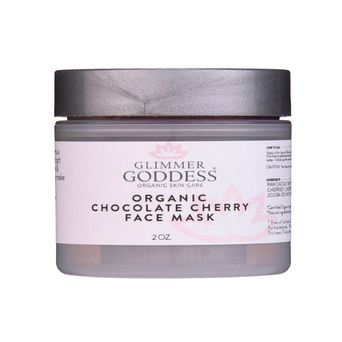 Organic Chocolate Cherry Face Mask in clear jar with black lid, featuring natural skincare ingredients