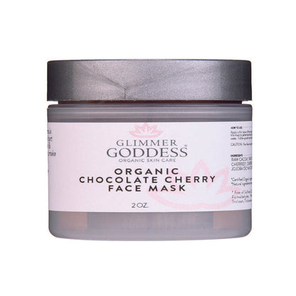 Organic Chocolate Cherry Face Mask in clear jar with black lid, featuring natural skincare ingredients