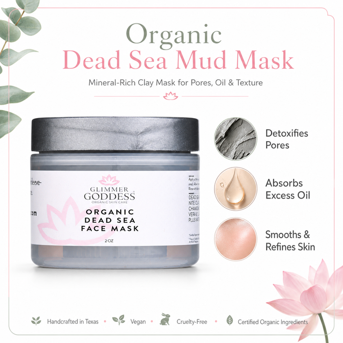 Glimmer Goddess Organic Dead Sea Mud Mask for exfoliating and rejuvenating skin, in a jar with textured black mud appearance.
