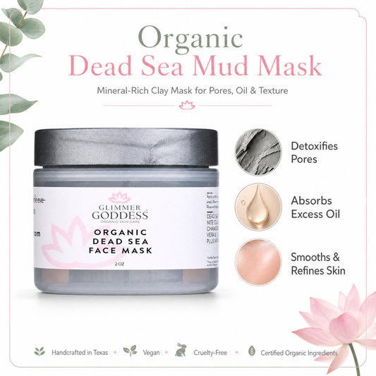 Glimmer Goddess Organic Dead Sea Mud Mask for exfoliating and rejuvenating skin, in a jar with textured black mud appearance.