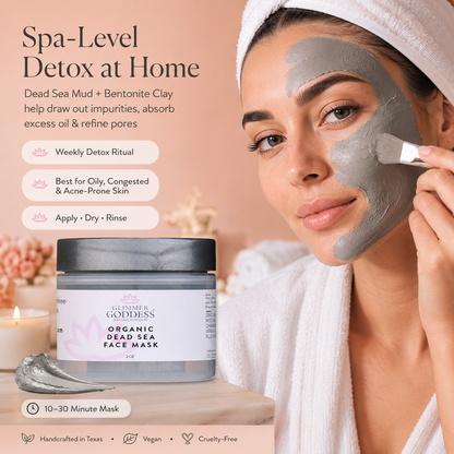 Glimmer Goddess Organic Dead Sea Mud Mask for exfoliating and rejuvenating skin, spa-level care at home, in a jar.