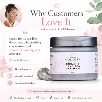 Glimmer Goddess Organic Dead Sea Mud Mask for exfoliating and rejuvenating skin, shown in a natural clay mask container.