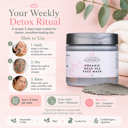 Organic Dead Sea Mud Mask by Glimmer Goddess® for exfoliating and rejuvenating skin, shown in a natural clay mask application.