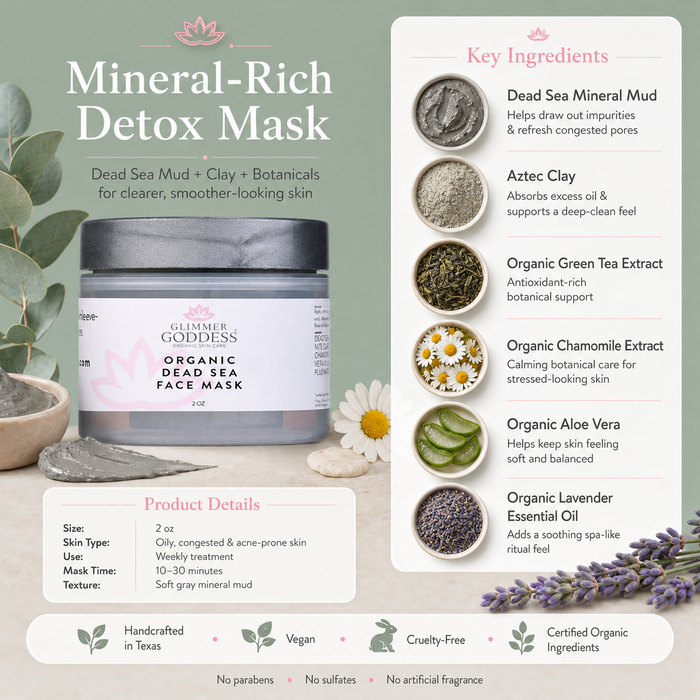 Organic Dead Sea Mud Mask by Glimmer Goddess® for exfoliating and rejuvenating skin, shown in a jar with natural mineral-rich mud.
