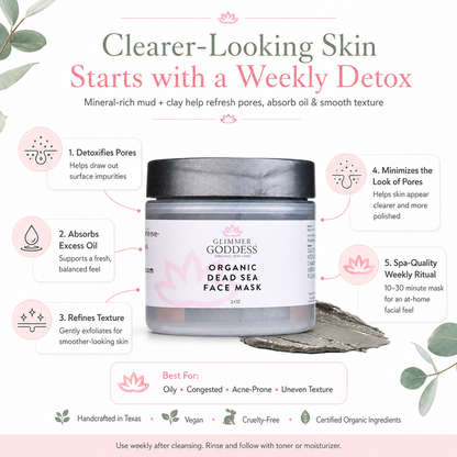 Organic Dead Sea Mud Mask by Glimmer Goddess® for exfoliating and rejuvenating skin, shown in a container with a textured mud appearance.