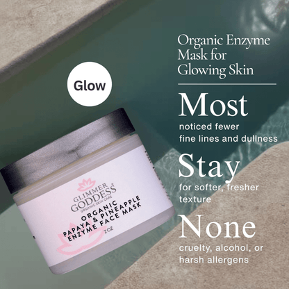 Organic Papaya and Pineapple Enzyme Face Mask from Glimmer Goddess Organic Skin Care, with spa headband and applicator brush for at-home facials.