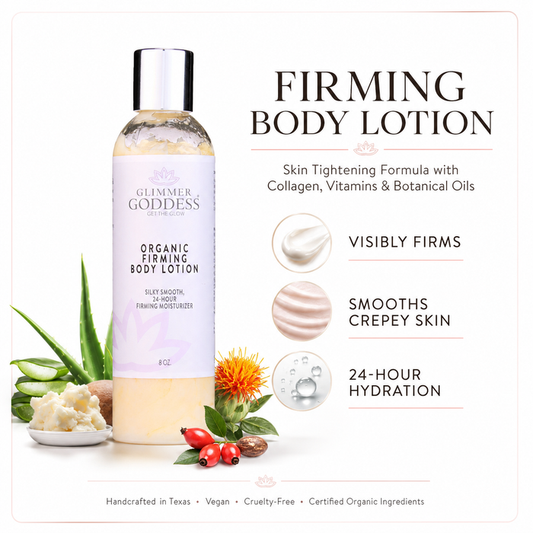 Glimmer Goddess Organic Firming Body Lotion with natural ingredients and product benefits on a white background
