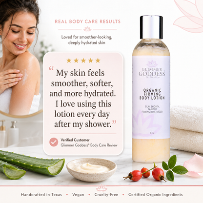 Glimmer Goddess organic firming body lotion with customer review and product details on a white background