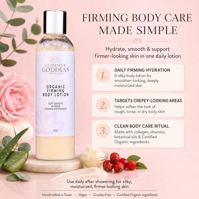 Glimmer Goddess organic firming body lotion with product details on a pink background