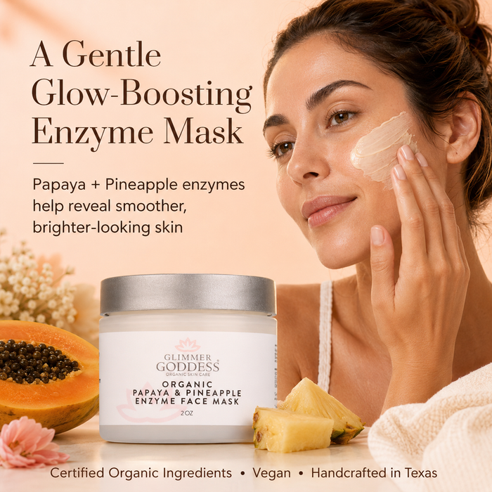 Glimmer Goddess organic papaya and pineapple enzyme face mask with gentle exfoliating treatment on a clean skincare surface.