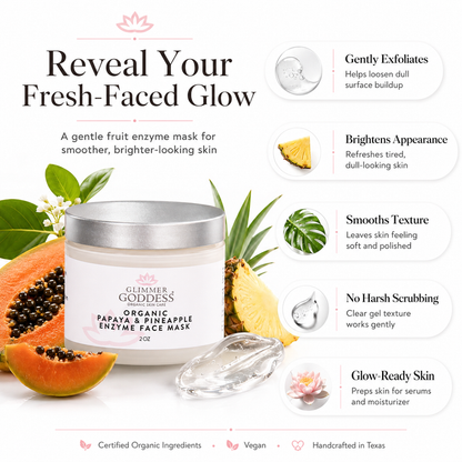 Organic papaya and pineapple enzyme face mask by Glimmer Goddess® for gentle exfoliating skincare treatment.